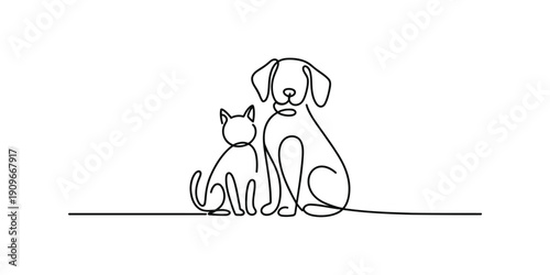 Continuous one line drawing of A heartwarming sketch of a dog and a cat sitting together side by side.
