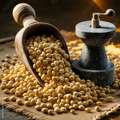 Soybeans overflowing from a worn wooden scoop