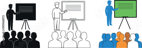 Business presenter giving a visual presentation to an audience using a flip chart board in minimalist vector style.