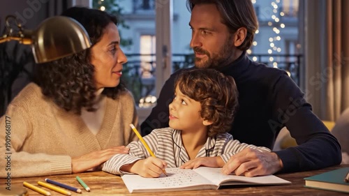 Family helping child draw at a wooden table indoors at dusk