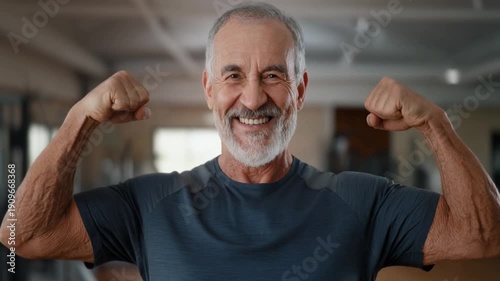 Strong and healthy senior flexing his muscles at the gym. A man with a smile shows his strength