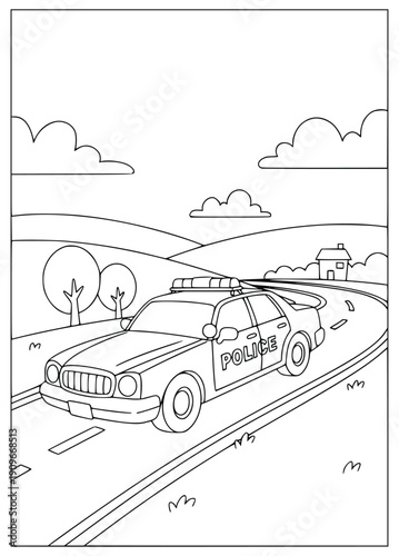 Coloring page shows a police car driving on the road for children to paint