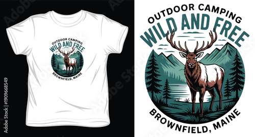 Outdoor camping t-shirt design featuring majestic elk and mountains in Brownfield Maine