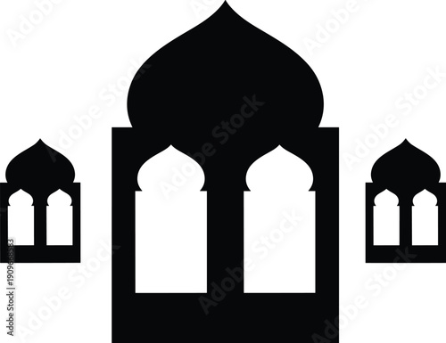 Black silhouette of traditional islamic archways and dome, geometric patterns in simple elegant design