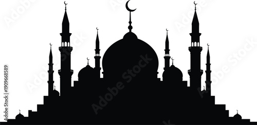 Black silhouette of an ornate mosque with domes and minarets, traditional islamic architecture against transparent backdrop