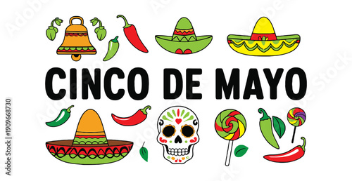 Bold Cinco De Mayo typography surrounded by sombreros, sugar skull, chili peppers and lollipops in a clean flat vector style, isolated on white.