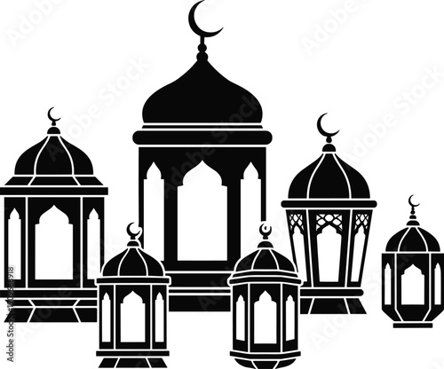 Collection of Islamic lanterns with crescent moon tops symbolizing Ramadan and Eid festive illuminations