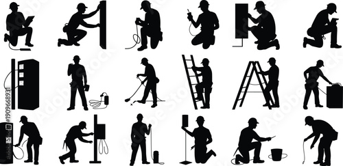Silhouettes of electrical workers performing maintenance tasks with tools, cables, ladders, and control panels, technical vector illustration for safety and industry design