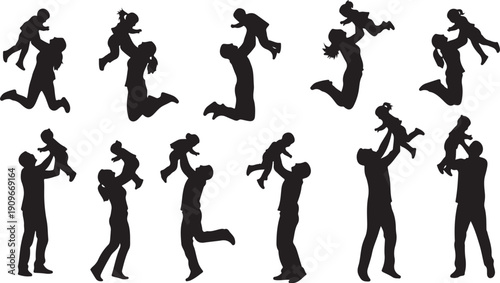 Silhouettes of happy parents playing with their little children
