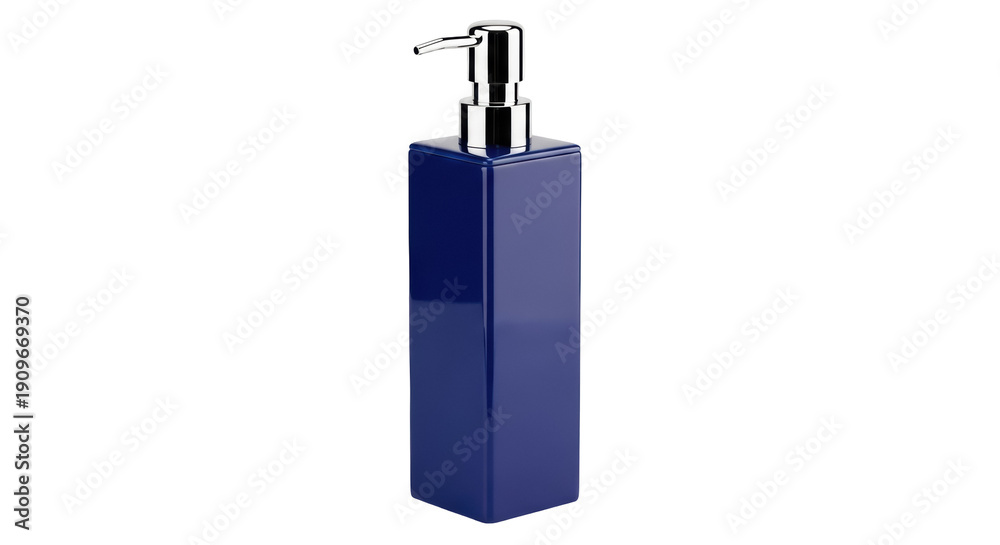 Obraz premium Elegant navy blue square soap dispenser isolated PNG on transparent background, modern bathroom accessory for hygiene and personal care