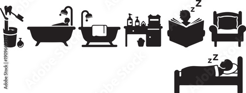 Sleep and hygiene icons in black silhouette style graphics