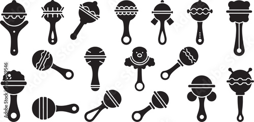 Black and white baby rattle toys on white background