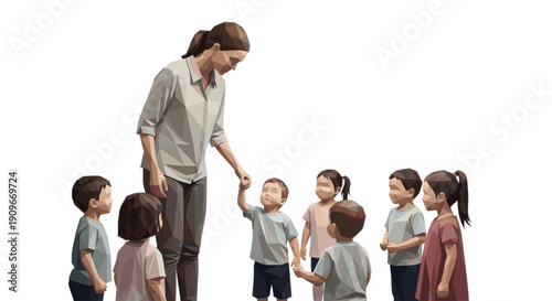 Low polygon illustration of a teacher holding hands with a child surrounded by children. Ideal for education, childcare, or parenting related content. Clean background for text overlay.