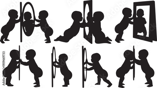 Silhouette of baby crawling through various openings and frames