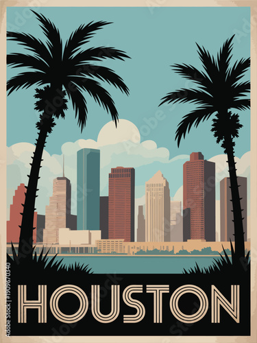 Houston Travel Poster, vintage color palette with classic 1930s 1940s design