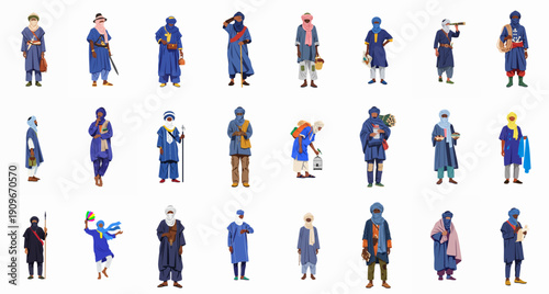 Tuareg Men Vector Set: Traditional Nomadic People of the Sahara Desert Represented in Various Roles and Attire on White.