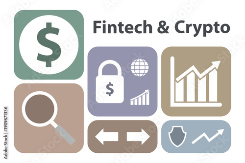 Fintech and Cryptocurrency Icons Collage with Financial Data Charts and Security Symbols