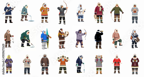 Arctic Indigenous People set: Flat vector illustrations of Eskimo and Inuit characters performing traditional survival activities, including hunting, ice fishing, and cultural rituals.