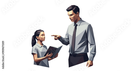 Low polygon illustration of a teacher instructing a young girl holding a book. Great for education, learning, and mentorship concepts, with a modern graphic design style.