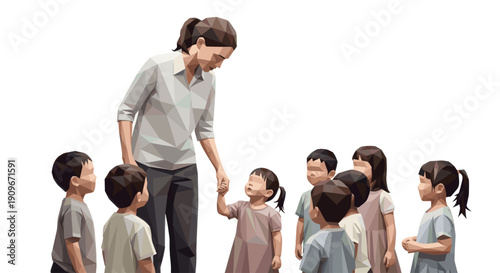 Digital polygon style illustration of a teacher with a group of students. The teacher holds one child's hand, looking down gently. Perfect for educational or childcare promotions.