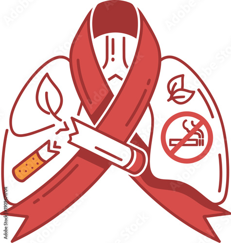 Conceptual illustration depicting the importance of quitting smoking for lung health awareness symbolized by a broken cigarette and red ribbon