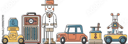 Collection of vintage and retro flat design travel toys including a man, a classic automobile, a radio, and various wheeled novelties