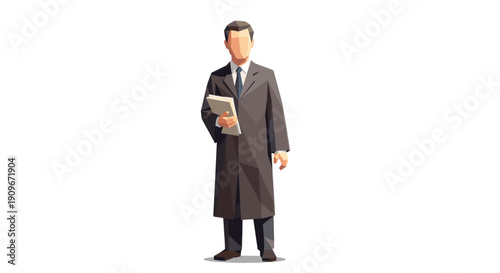 Low polygon illustration of a faceless man holding documents. Depicts business, law, or politics with a modern, geometric aesthetic. Use for articles, websites, or presentations.