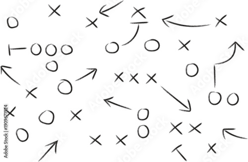 Football plays diagrammed with x's o's and arrows drawn by hand