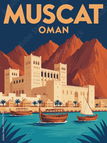 Muscat Travel Poster, vintage style Oman destination with bold retro colors