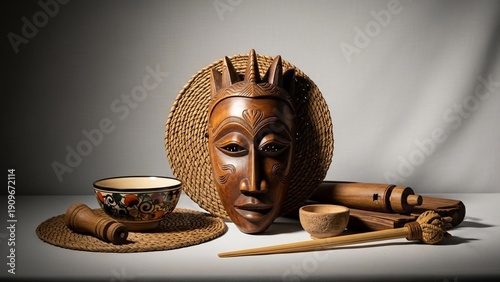 Still life of traditional African wooden mask and handcrafted items, showcasing cultural artistry and craftsmanship.