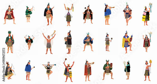 Diverse Māori Performers Vector Set: Indigenous New Zealand People in Traditional Attire, Featuring Haka Warriors, Poi Dancers, and Cultural Ceremonies.