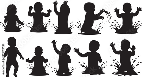 Children playing in muddy puddles on a rainy day