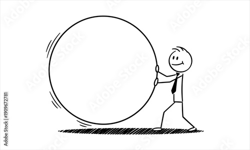 Stick figure pushing a large sphere on a white background, representing effort and work