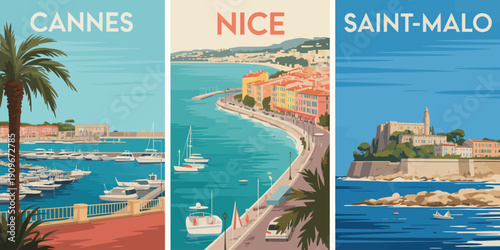 France Travel Poster, Nice text and Saint Malo medieval castle seaside illustration