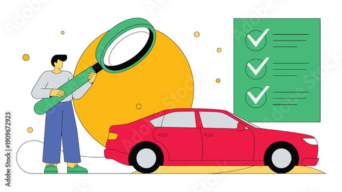 car insurance inspection concept man examining red vehicle with checklist flat vector illustration auto protection service