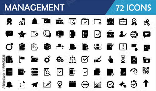 Management and business icon set, 72 solid black corporate office symbols collection, modern flat vector icons for productivity, finance, planning, teamwork, analytics, checklist, strategy and company