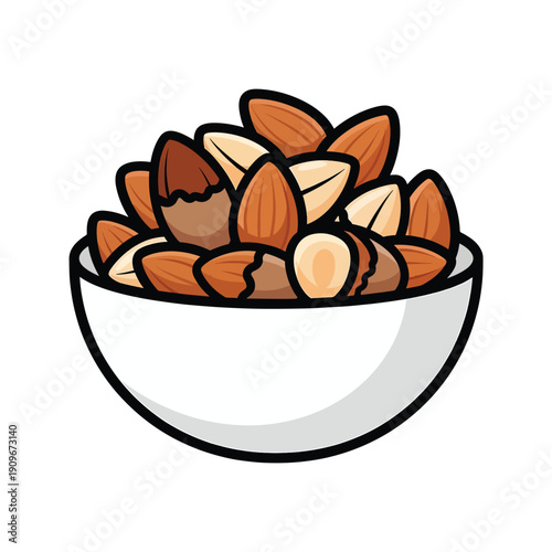Assorted almonds in a bowl, a snack or ingredient for recipes, vector illustration