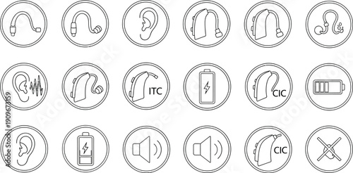 A comprehensive collection of line icons representing various types of hearing aids power indicators and auditory function symbols set against a light background