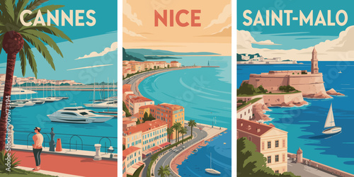 Nice Saint Malo Poster, coral typography coastal castle rocky shore boats travel vector