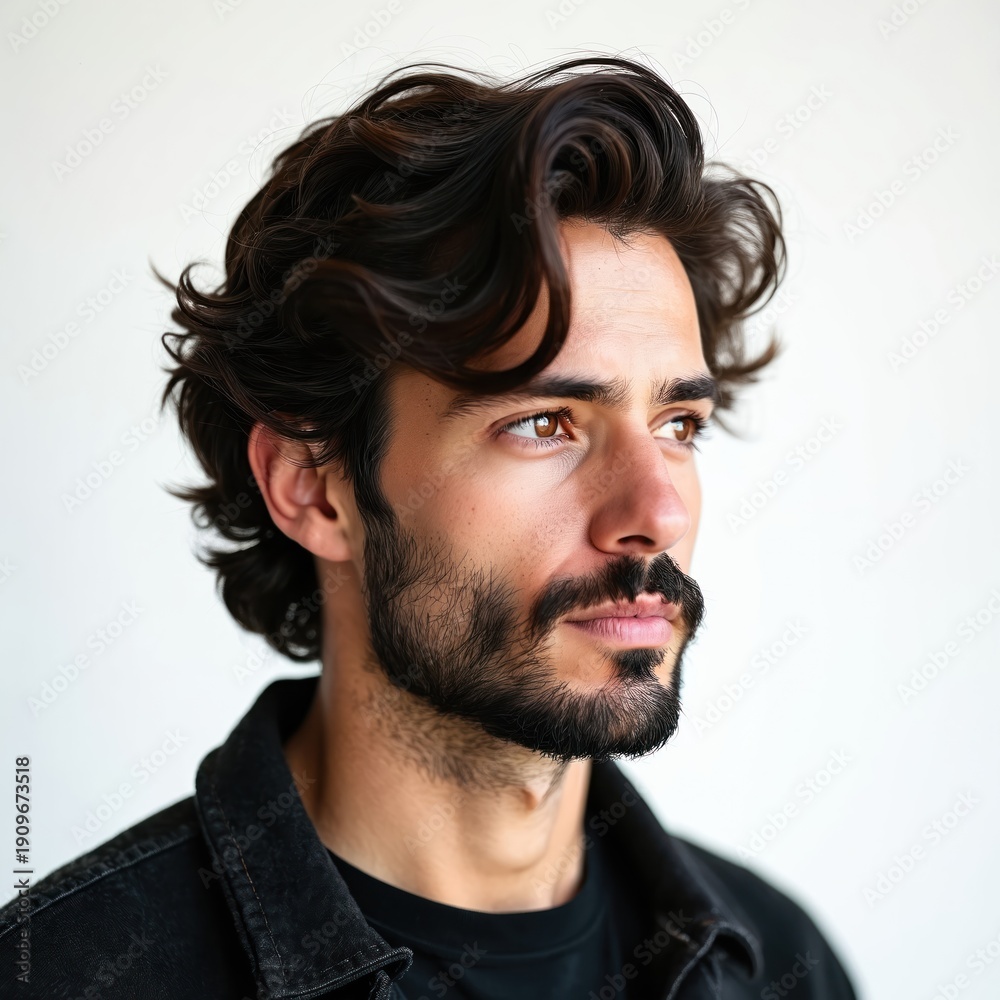Obraz premium Man with wavy brown hair and beard, side profile studio portrait. He looks to the right, with brown eyes and dark clothing. Clean white background isolates his face and features.