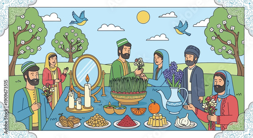 Family and friends gather outdoors around a beautifully decorated Haft-Seen table celebrating the Persian New Year with traditional items and spring blossoms