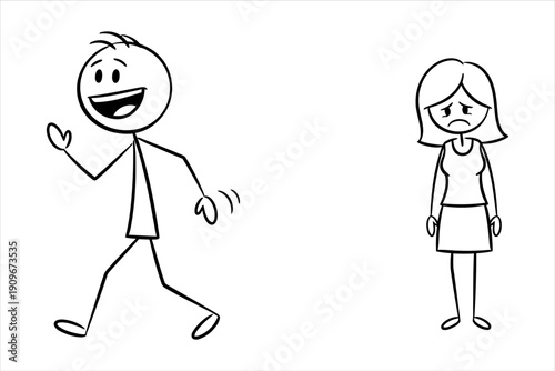 Emotional Divide Happy Cartoon Man and Sad Stick Figure Woman