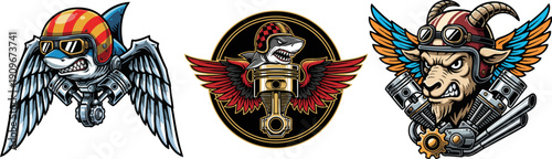 Aggressive Shark and Goat Racing Mascots Vector Set.