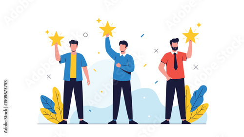 Three diverse men in casual and professional attire stand together while holding up large gold stars for positive rating.