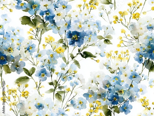 Elegant, delicate, vintage seamless repeatable pattern featuring clusters of blue and white baby's breath flowers with yellow centers, accented with small yellow buttercups