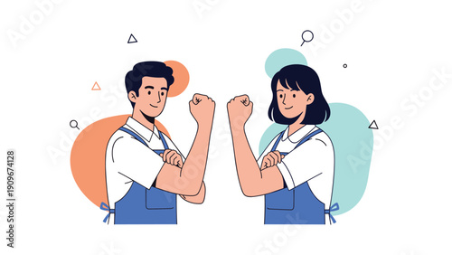 Enthusiastic man and woman in blue aprons flexing their arm muscles to show strength and readiness for hard work.