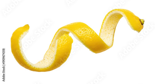 Foto Bright yellow lemon peel curl isolated PNG, citrus zest garnish for cocktails an