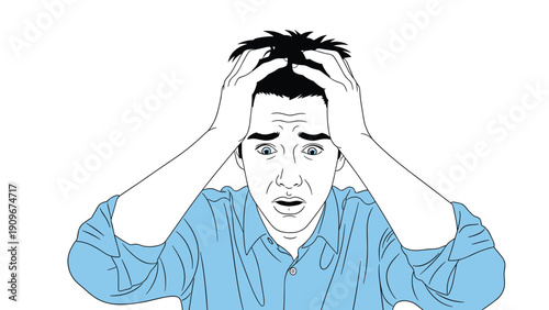 Young man in a blue shirt clutching his head in a state of intense shock, panic, or overwhelming stress.