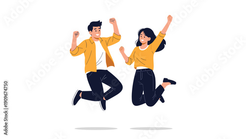 Energetic young man and woman jumping in the air and celebrating their success with high spirits and joy.