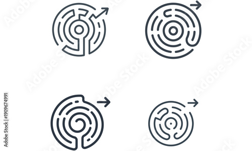 Maze labyrinth line icon set with arrow direction concept isolated on white background
